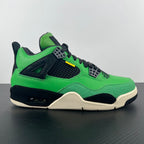 Green and black Air Jordan 4 sneaker with black lace panel and white midsole