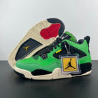 Air Jordan 4 sneaker shown from side with green upper and patterned outsole