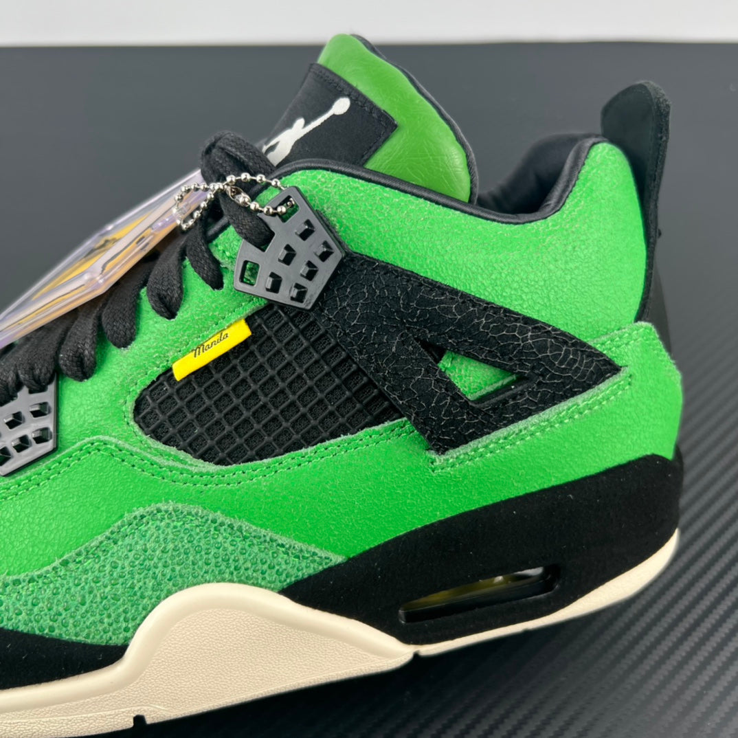 Air Jordan 4 sneaker detail view with green suede, black mesh, and side emblem