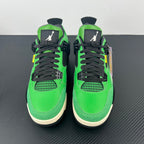 Pair of green and black Air Jordan 4 sneakers with black laces and white soles