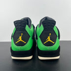 Pair of Air Jordan 4 sneakers from heel showing black back panels and green uppers