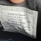 Shoe label with size info and AIR JORDAN 4 RETRO text