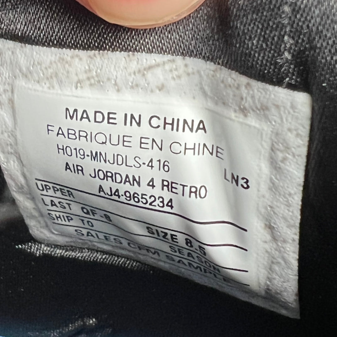 Shoe label with size info and AIR JORDAN 4 RETRO text