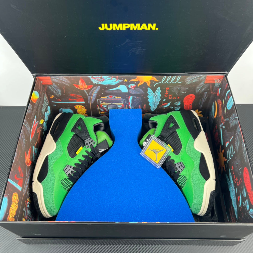 Air Jordan 4 sneakers, neon green with black and white panels