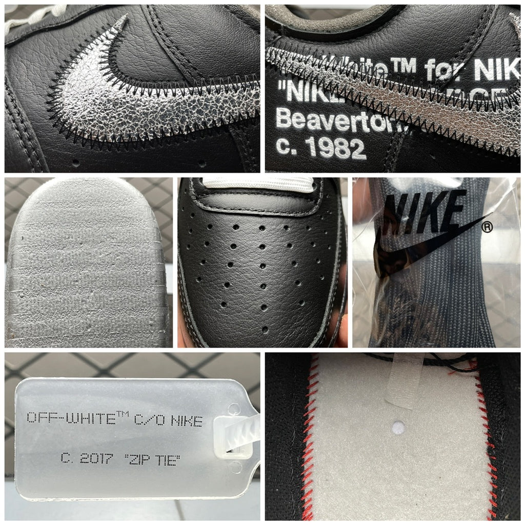 Black sneaker close-up details: swoosh, perforations, and branded shoe tag