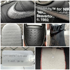 Black sneaker close-up details: swoosh, perforations, and branded shoe tag