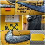 Yellow sneaker close-ups: Swoosh stitching, “Beaverton, c. 1982” text, and tag