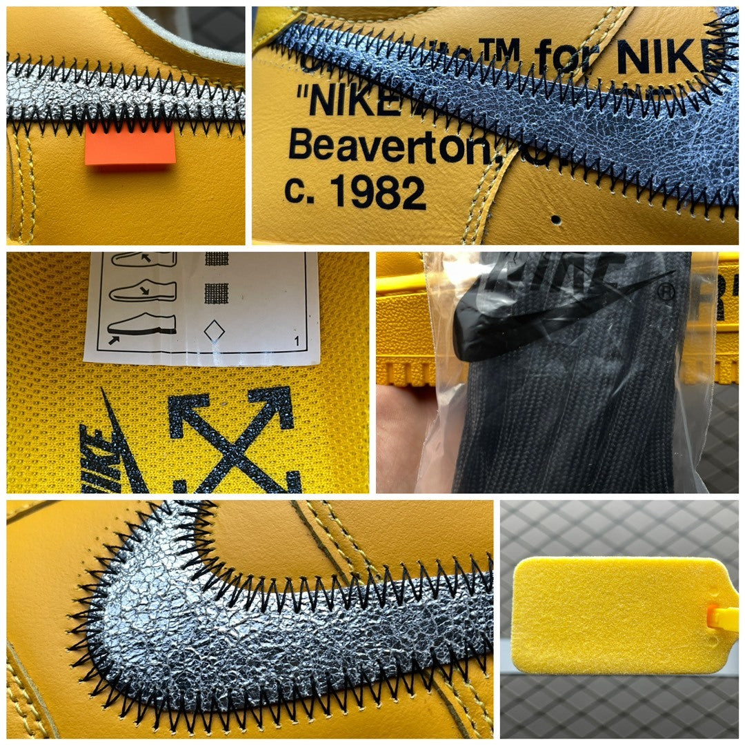 Yellow sneaker close-ups: Swoosh stitching, “Beaverton, c. 1982” text, and tag