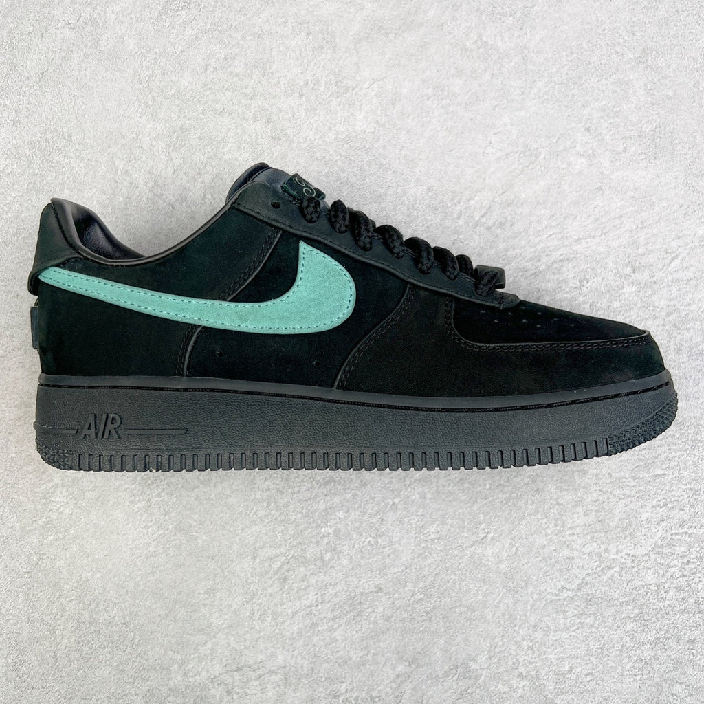 Air Force 1 sneaker in black with teal swoosh and lace-up front.