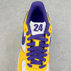 Front view of yellow and purple sneaker with white panel, lace-up, and "24" tongue tag