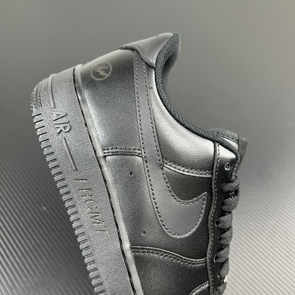 FRGMT Air Force 1 low-top sneaker, metallic silver side view with heel tab and swoosh