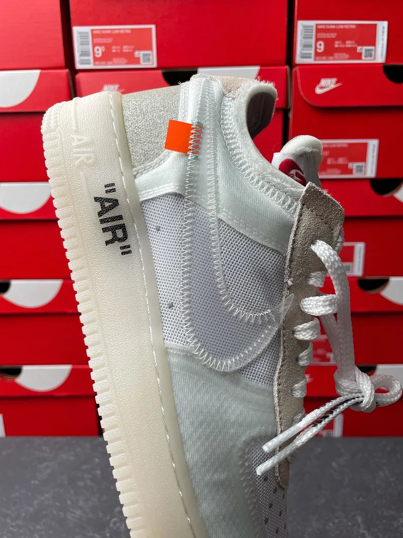 Off-white lace-up sneaker side view with Nike swoosh and 'AIR' sole detail
