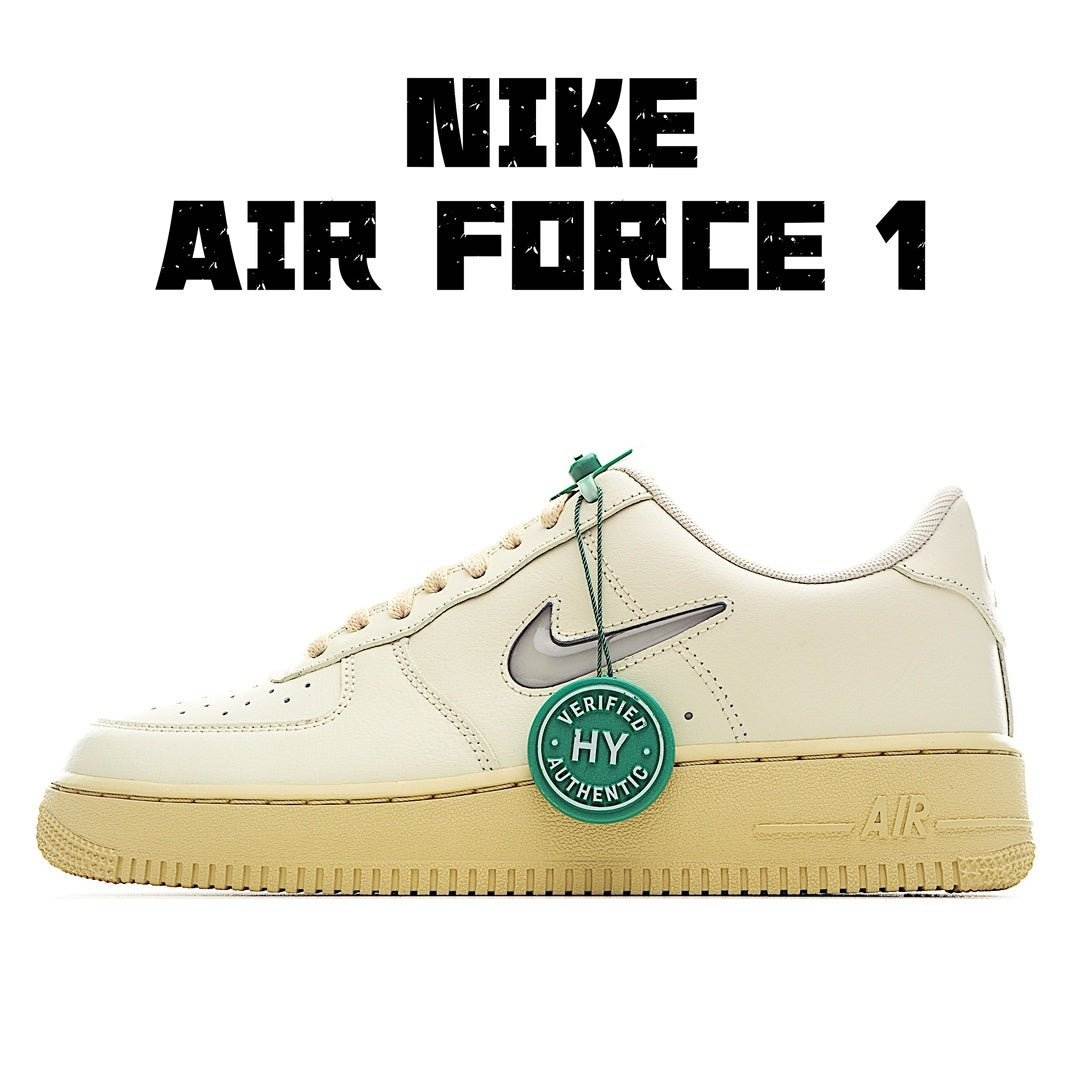 Cream leather low-top sneakers with Nike swoosh, green laces, HY badge, gum sole