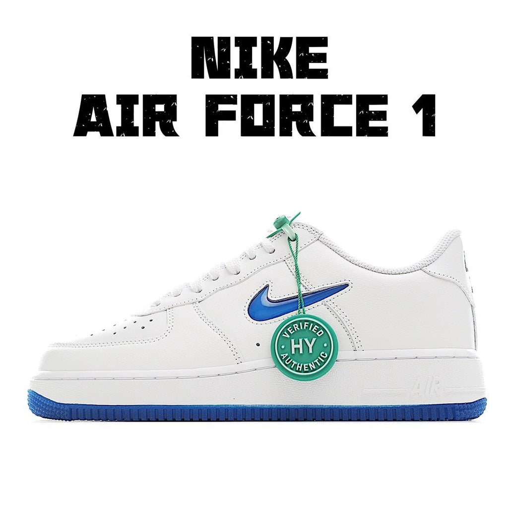 White Nike Air Force 1 low-top sneaker with blue swoosh and lace-up
