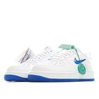 Pair of white Nike Air Force 1 sneakers with blue outsole and swoosh