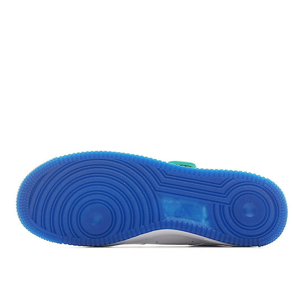 Blue rubber outsole of Nike Air Force 1 sneaker