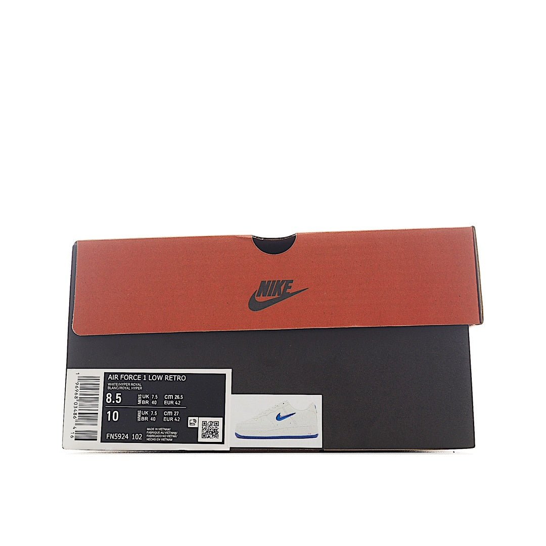 Nike Air Force 1 shoebox with Nike logo, orange and black lid