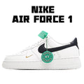 White leather Air Force 1-style sneaker with black Swoosh and green HY authenticity tag