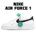 White leather Air Force 1-style sneaker with black Swoosh and green HY authenticity tag