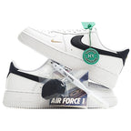 White Air Force 1-style sneaker with black Swoosh and green HY authenticity seal