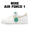 Nike Air Force 1 sneaker, white leather with beige panels and green accessory tag