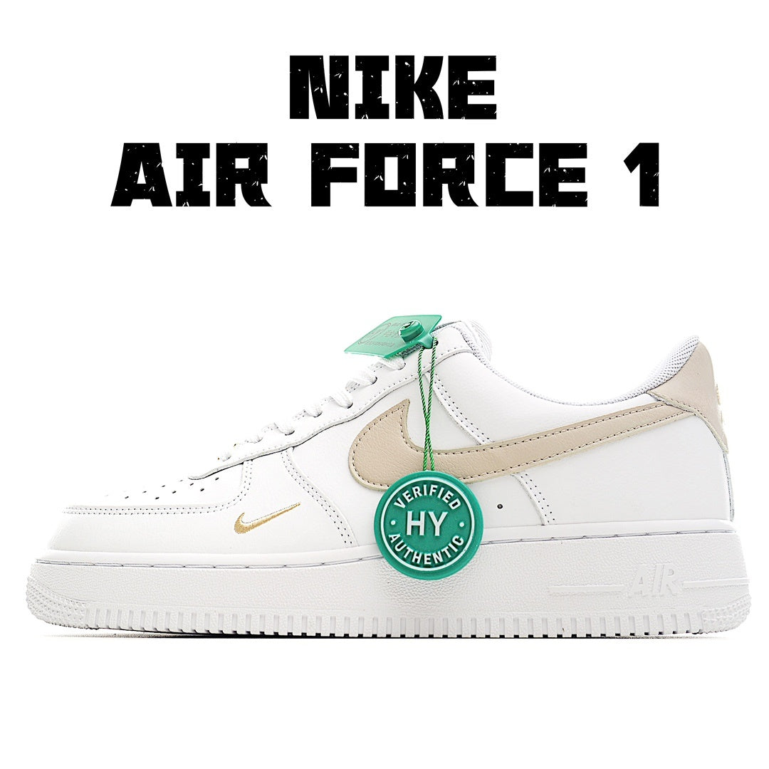 Nike Air Force 1 sneaker, white leather with beige panels and green accessory tag