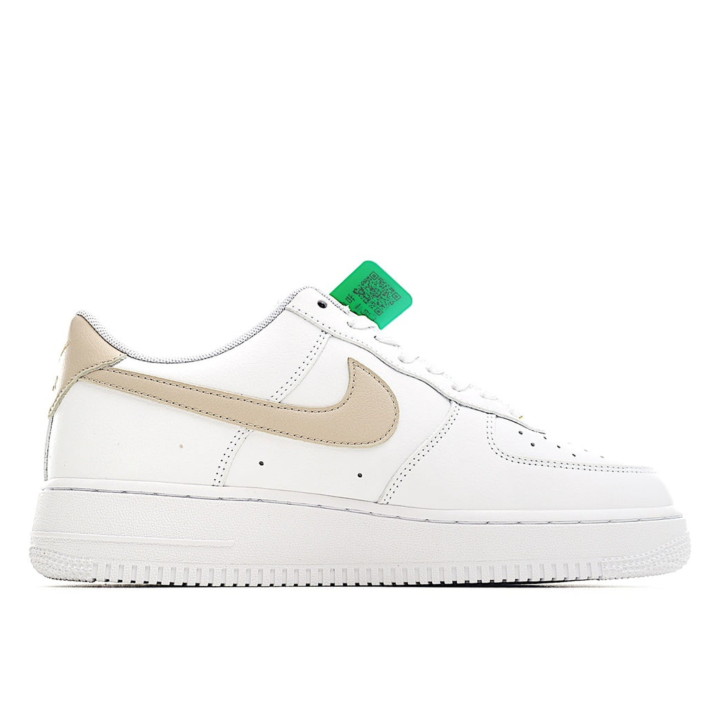 Nike Air Force 1 sneaker, white leather with beige side panel and green hang tag