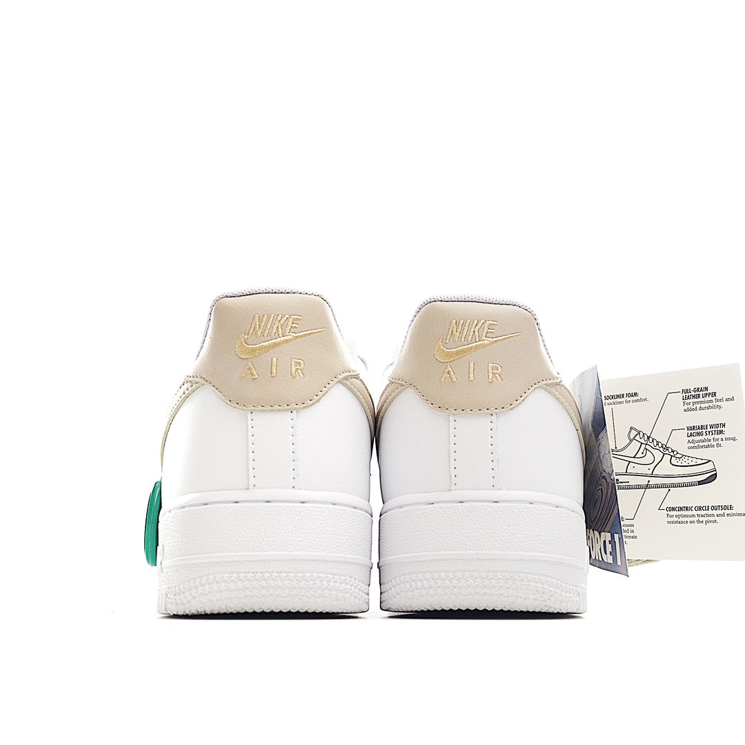 Nike Air Force 1 sneaker heel, white leather with beige NIKE AIR panel and green tag