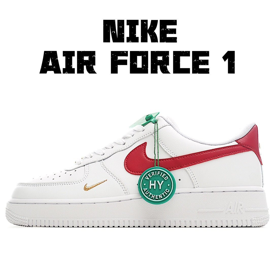 Nike Air Force 1 sneakers, white with red swoosh, green laces tag