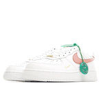 Nike Air Force 1 low-top sneakers side view, white with pink heel and gold swoosh