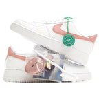 Nike Air Force 1 low-top sneakers, white uppers with pink overlays and green-tag lace