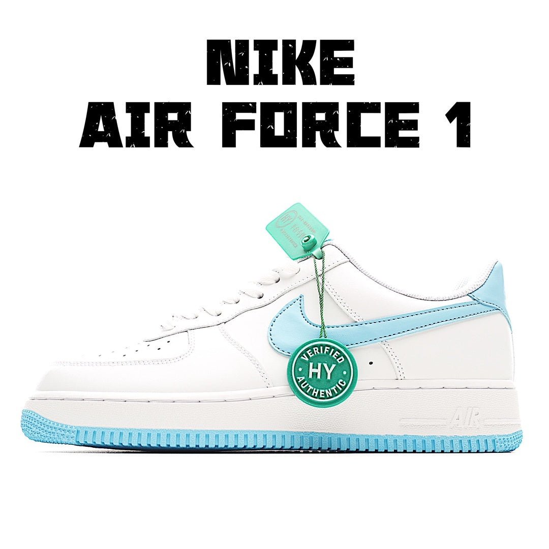 White and light-blue lace-up sneaker with blue sole and side swoosh detail