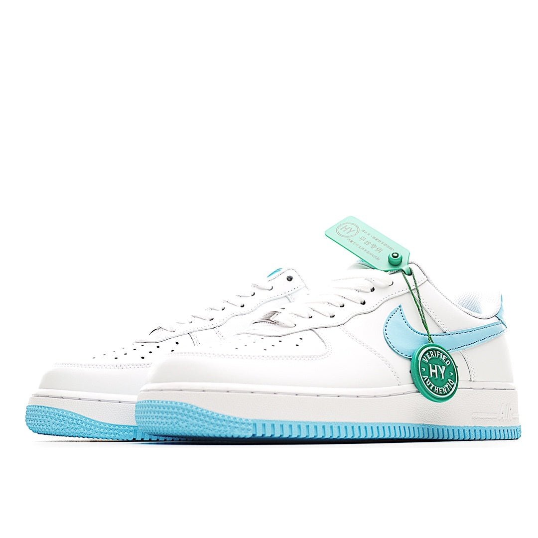 White lace-up sneaker with light-blue accents, blue sole, and swoosh on side