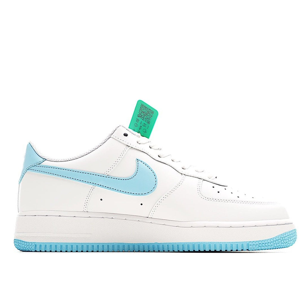 White leather sneaker with light-blue swoosh and lace-up front