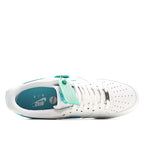 White sneaker with light-blue interior lining, blue midsole, and lace-up closure