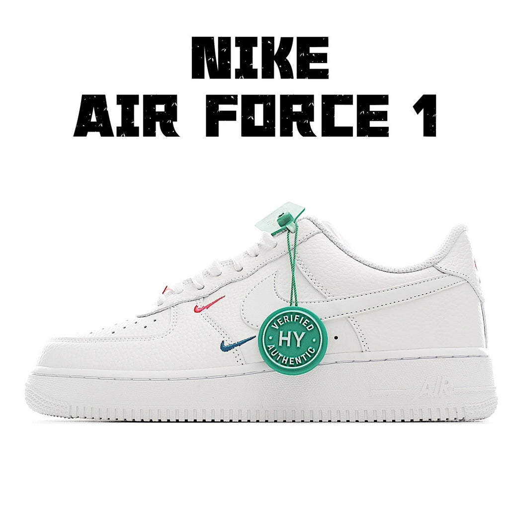 Nike Air Force 1 sneakers, white leather with swooshes and green "HY Verified" tag