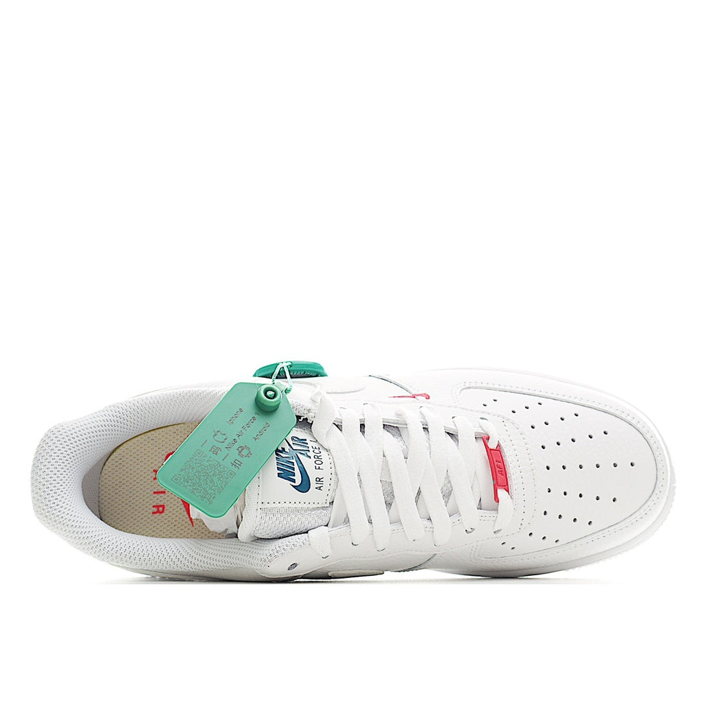 Nike Air Force 1 sneakers, white leather with green tag and blue/red swooshes
