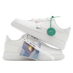 Nike Air Force 1 sneakers, white leather with blue/red swooshes and blue product tag