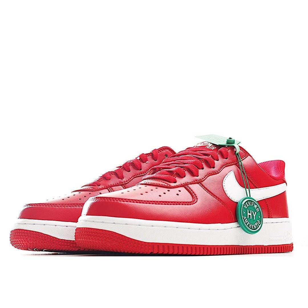 Red and white Nike low-top sneaker, side view with green HY authenticity tag