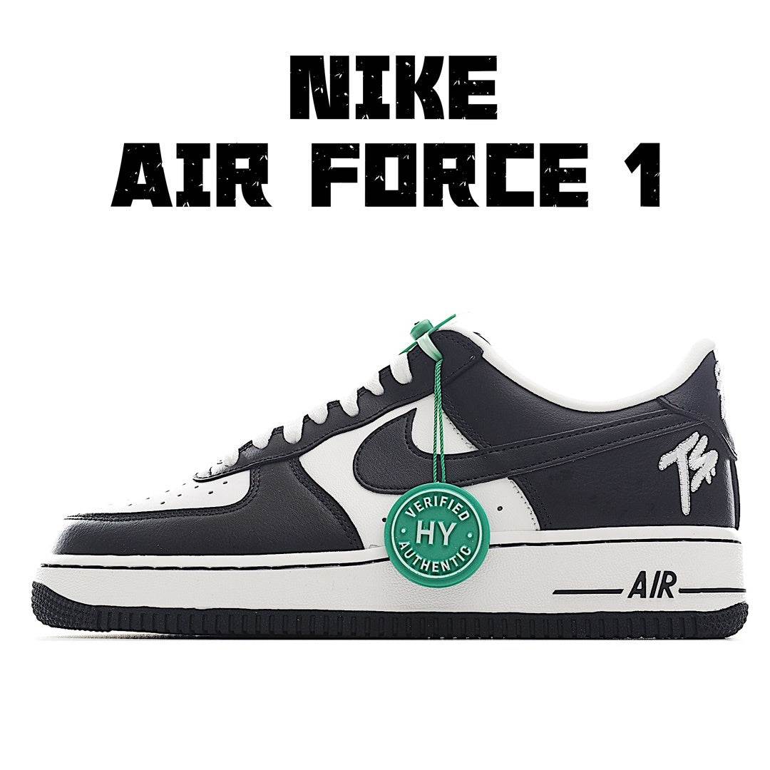 Black and white low-top sneakers with green accents, Nike swoosh, HY badge