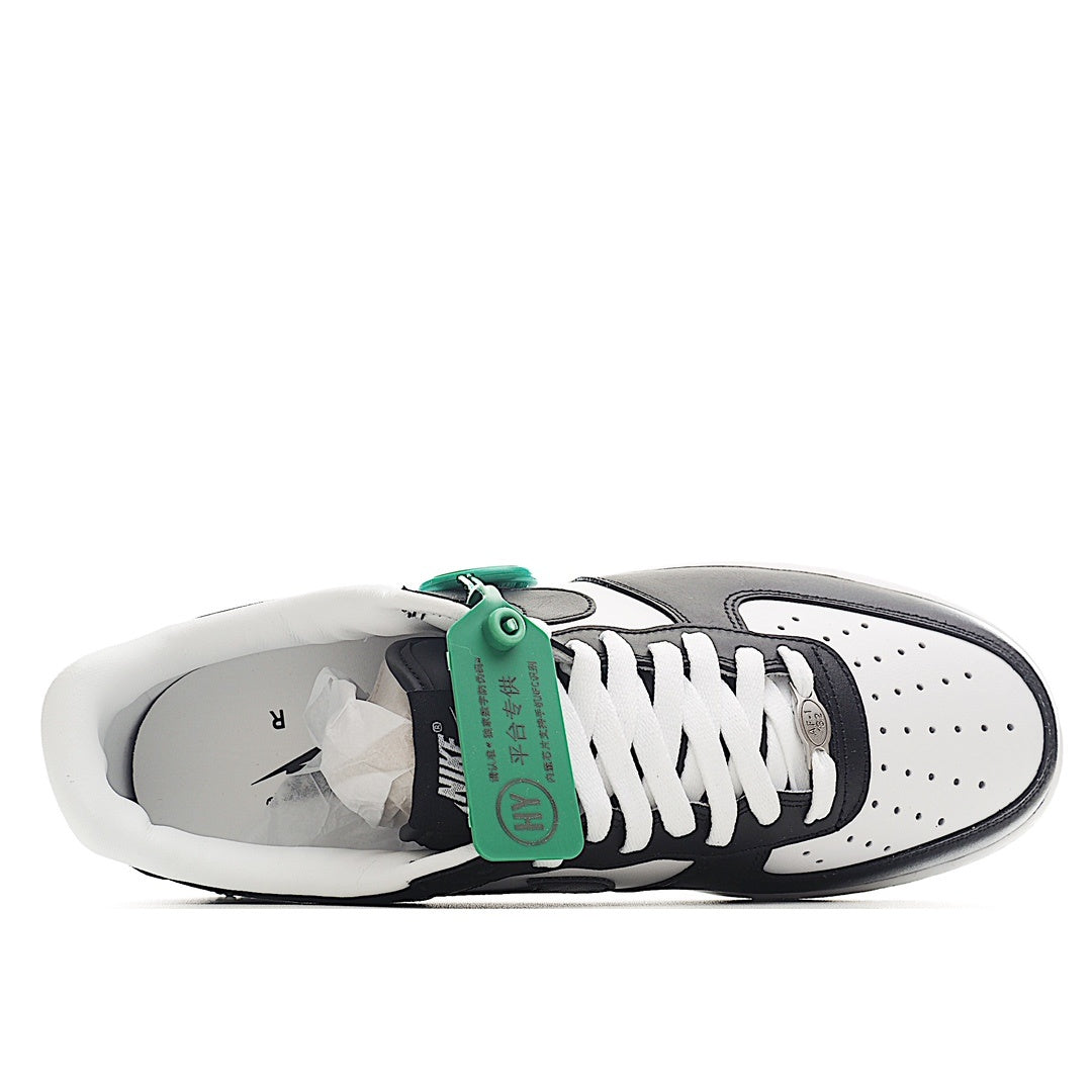 Black and white Nike Air Force 1 sneakers with open collar and green hang tag