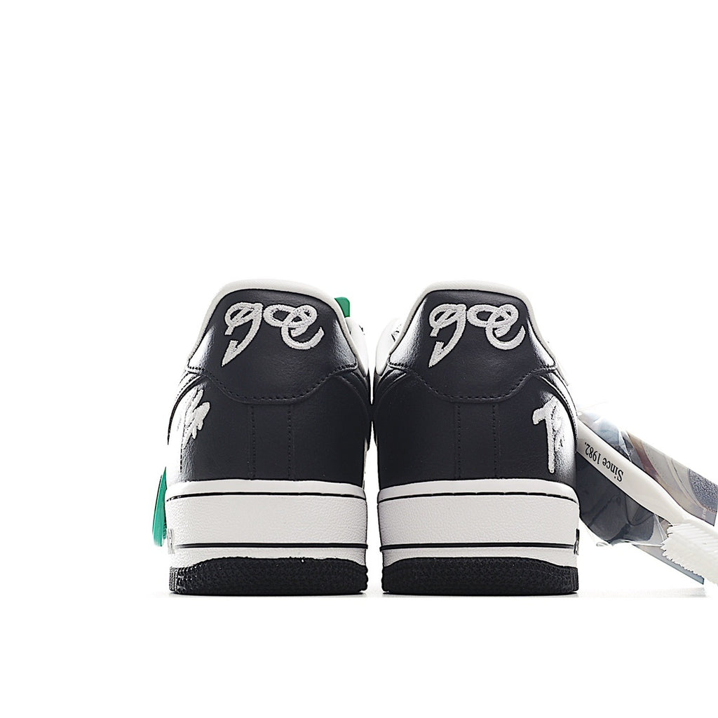 Black Nike Air Force 1 sneakers from the heel with green hang tag and white midsole