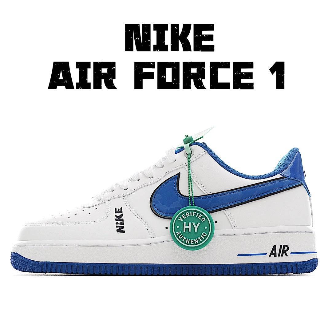 Nike Air Force 1 low-top sneakers, white with blue panels and green lace accents