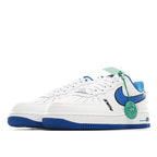 Nike Air Force 1 low-top sneakers, white upper with blue swoosh and green lace tag