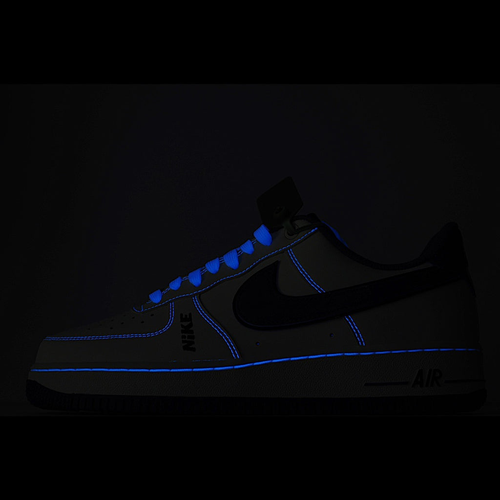 Nike Air Force 1 sneakers in dark color with bright blue trim and Air branding