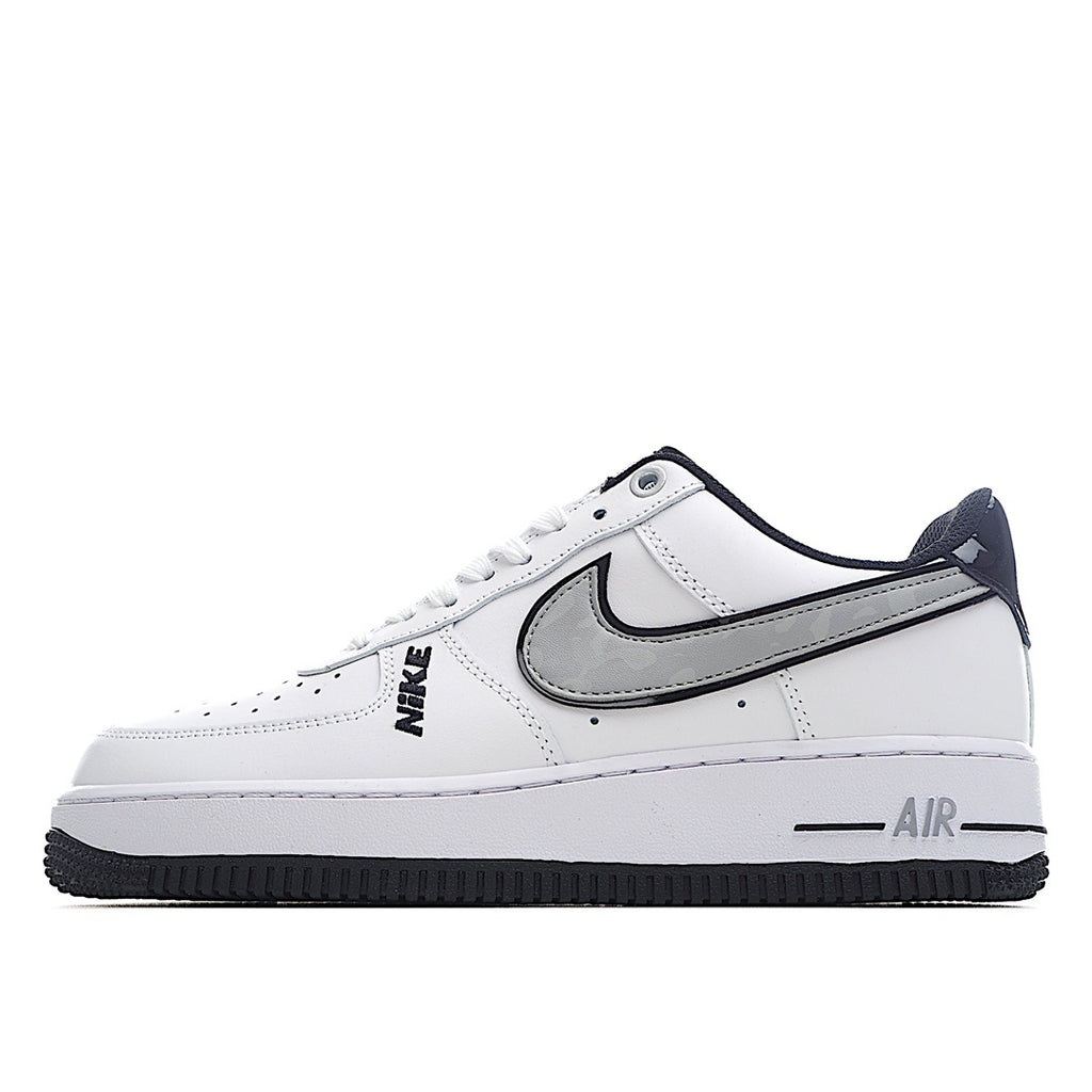 White Air Force 1-style low-top sneaker with black Swoosh and navy accents.