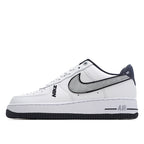 White Air Force 1-style low-top sneaker with black Swoosh and navy accents.