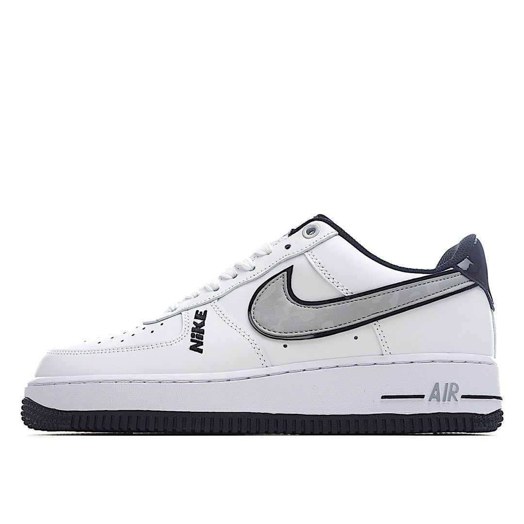White Air Force 1-style low-top sneaker with black Swoosh and navy accents.