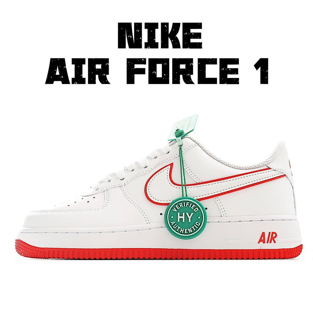 White Air Force 1 sneaker with red swoosh, red outsole, and green tag on side