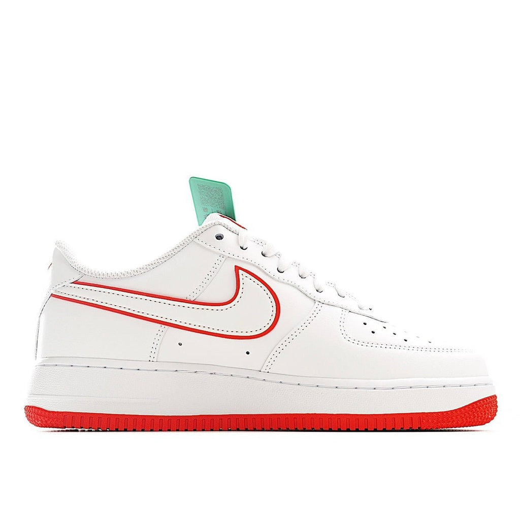 White Air Force 1 sneaker with red and teal swoosh detail and red textured sole